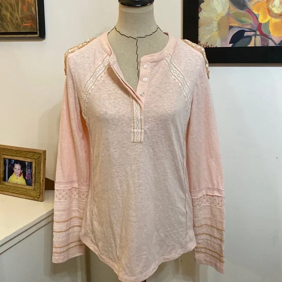 BEING DELETED Sundance Pink Embroidered Beaded Long Sleeve Bohemian Lace Blouse - Picture 2 of 6